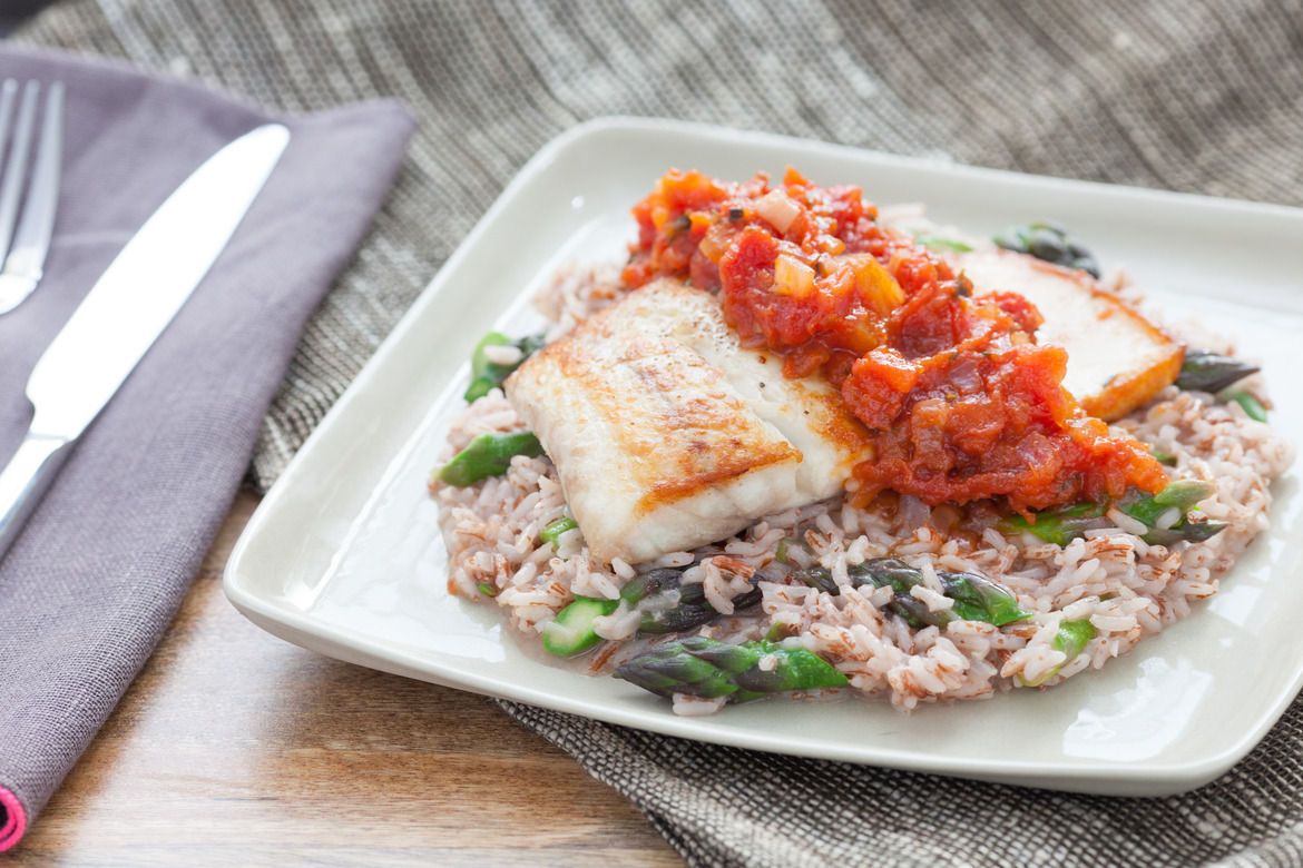 3. Pan-Fried Drum and Tomato Jam with Asparagus and Red Himalayan Rice Risotto